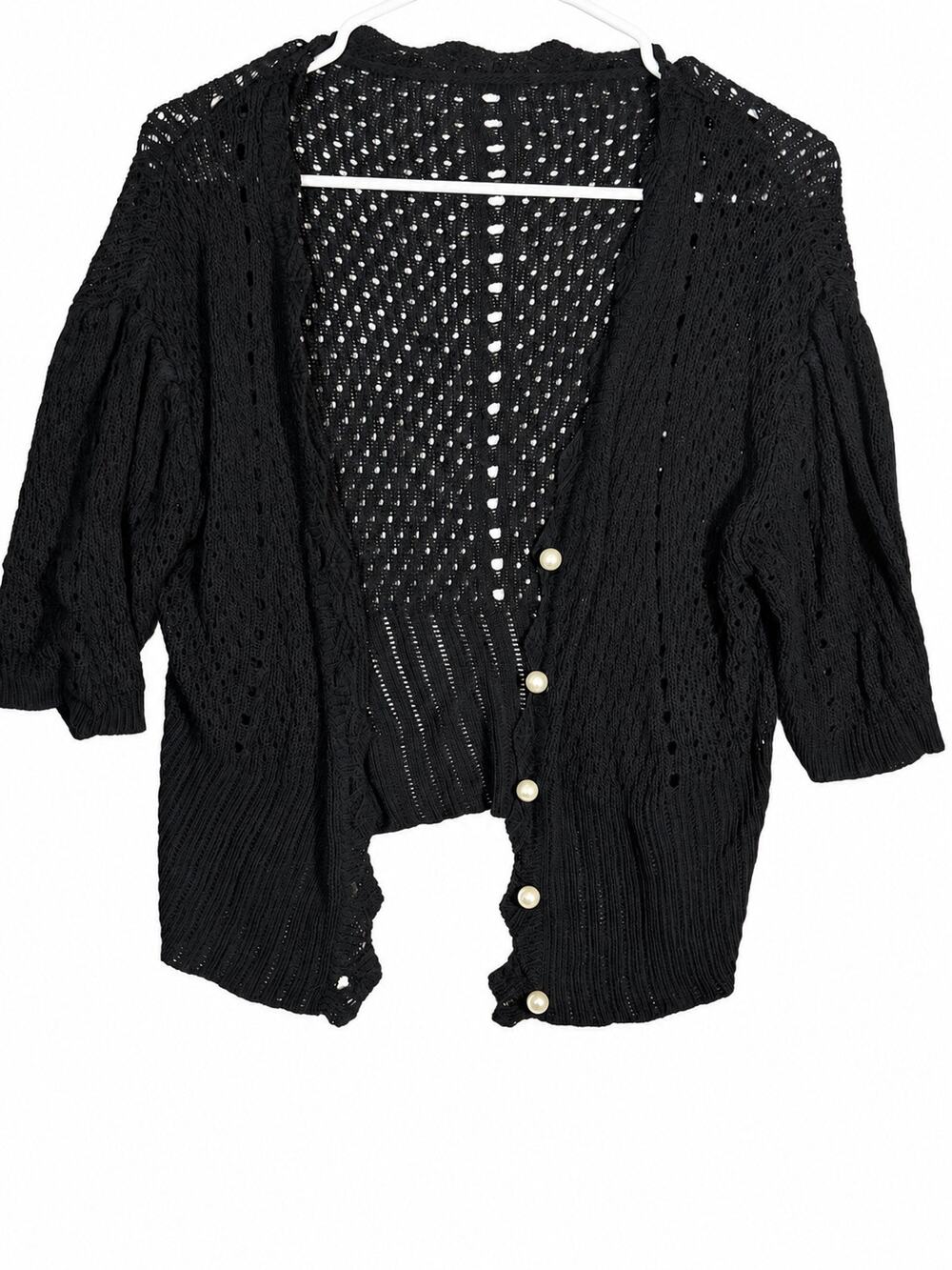 Women’s Black Cropped Pointelle Knit Cardigan Pearl Buttons Short Sleeve